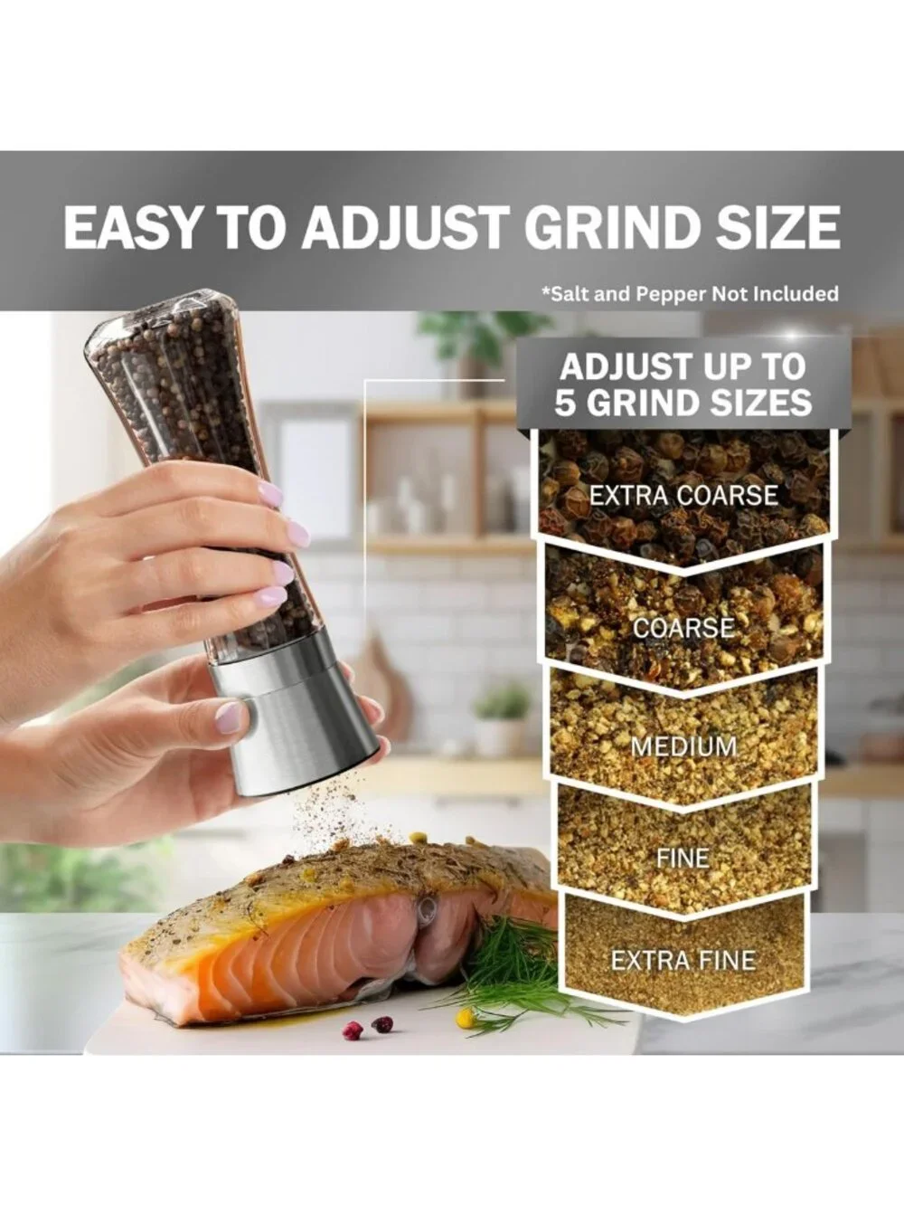 Premium Stainless Steel Salt & Pepper Grinder Set - Adjustable Ceramic, Tall